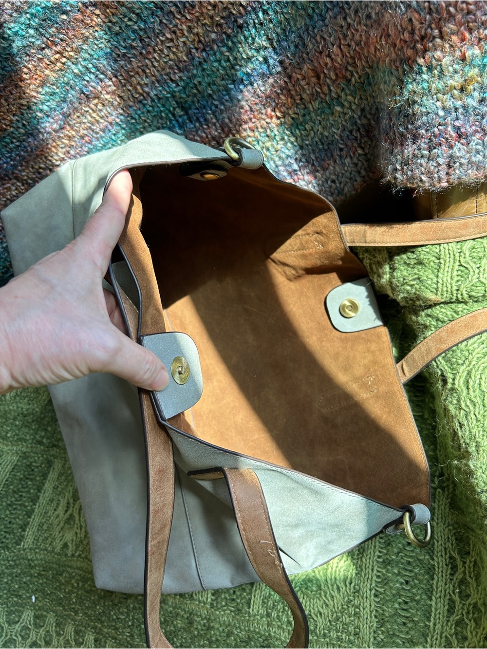 Vegan Leather Gray Taupe Tote Laptop Travel Bag w Tan Handles and D Rings - Picture 6 of 8